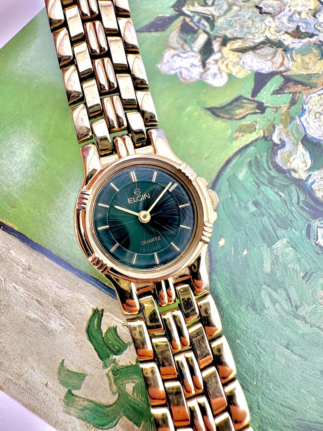 Vintage Elgin Women's Watch Gold Bracelet, Green Dial, Retro 90s