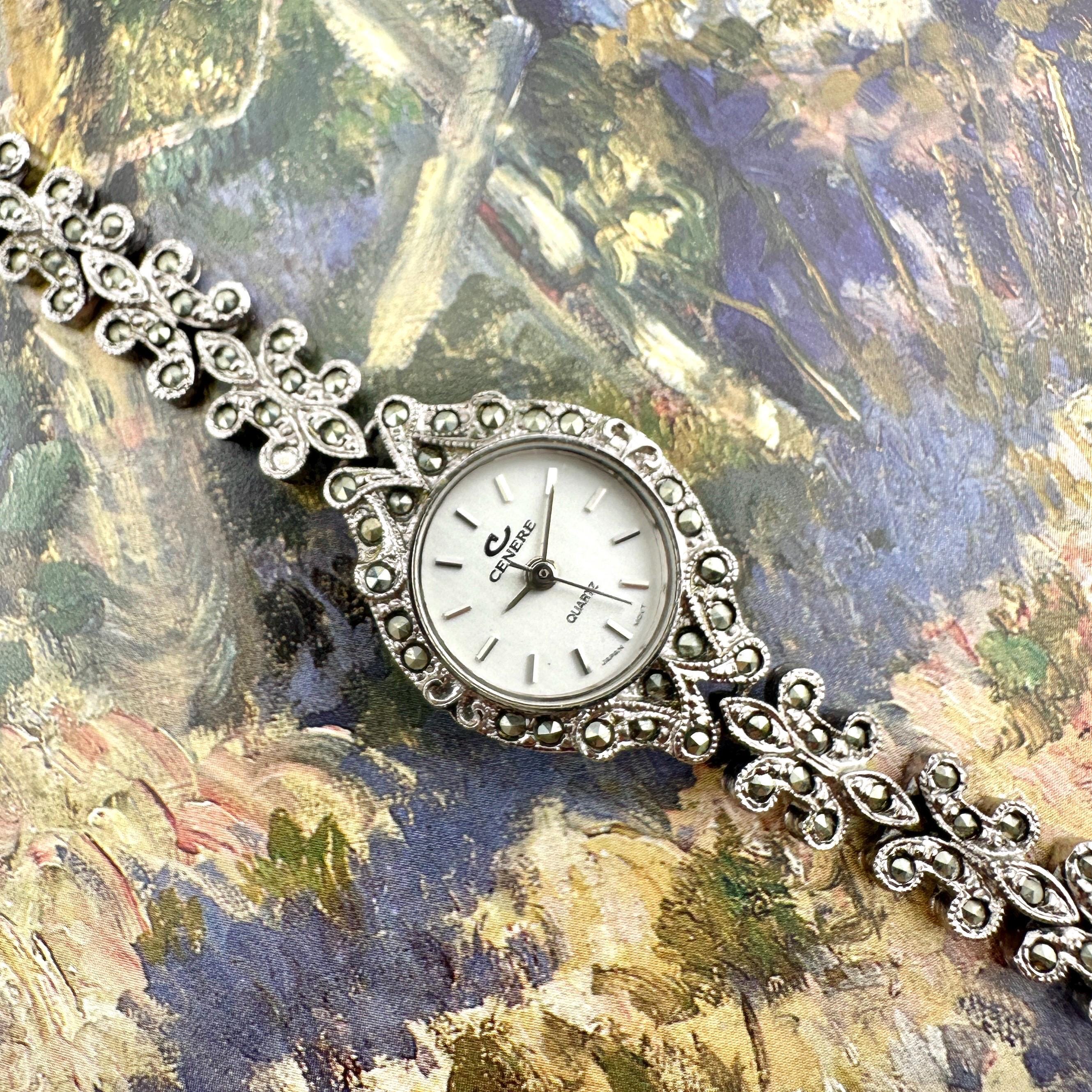 Gorgeous Art Deco Floral Marcasite Bracelet Wristwatch Japan Quartz New Battery Buy Strada Purple and White Crystal Japanese Movement  main image 2