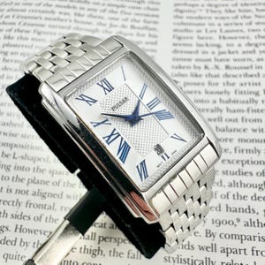 Pulsar by Seiko Silver Tone Rectangular Women’s Watch Blue Roman Numerals Date Bracelet, Working Well, Small wrist size of 5.5”