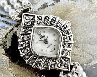 Vintage Art Deco Pearl Watch, Marcasite Accent Asymmetrical Case, Faux Pearl Bracelet, Glam Statement Jewelry, Gift for Her