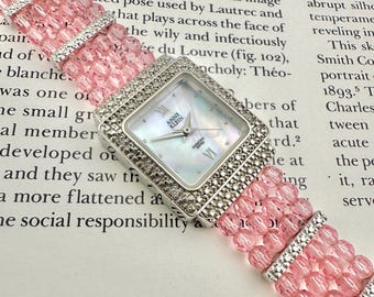 Anne Klein Beaded Watch, Mother of Pearl Dial, Crystal Bezel, Pink Band, Y2K Glam, Statement Bracelet Style, Vintage Vibe
