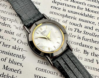 Vintage Seiko Women’s Watch with Silver Pearl Dial, Black Leather Strap, Gold Tone Accents, Minimalist Quartz Gift, 90s Classic Style