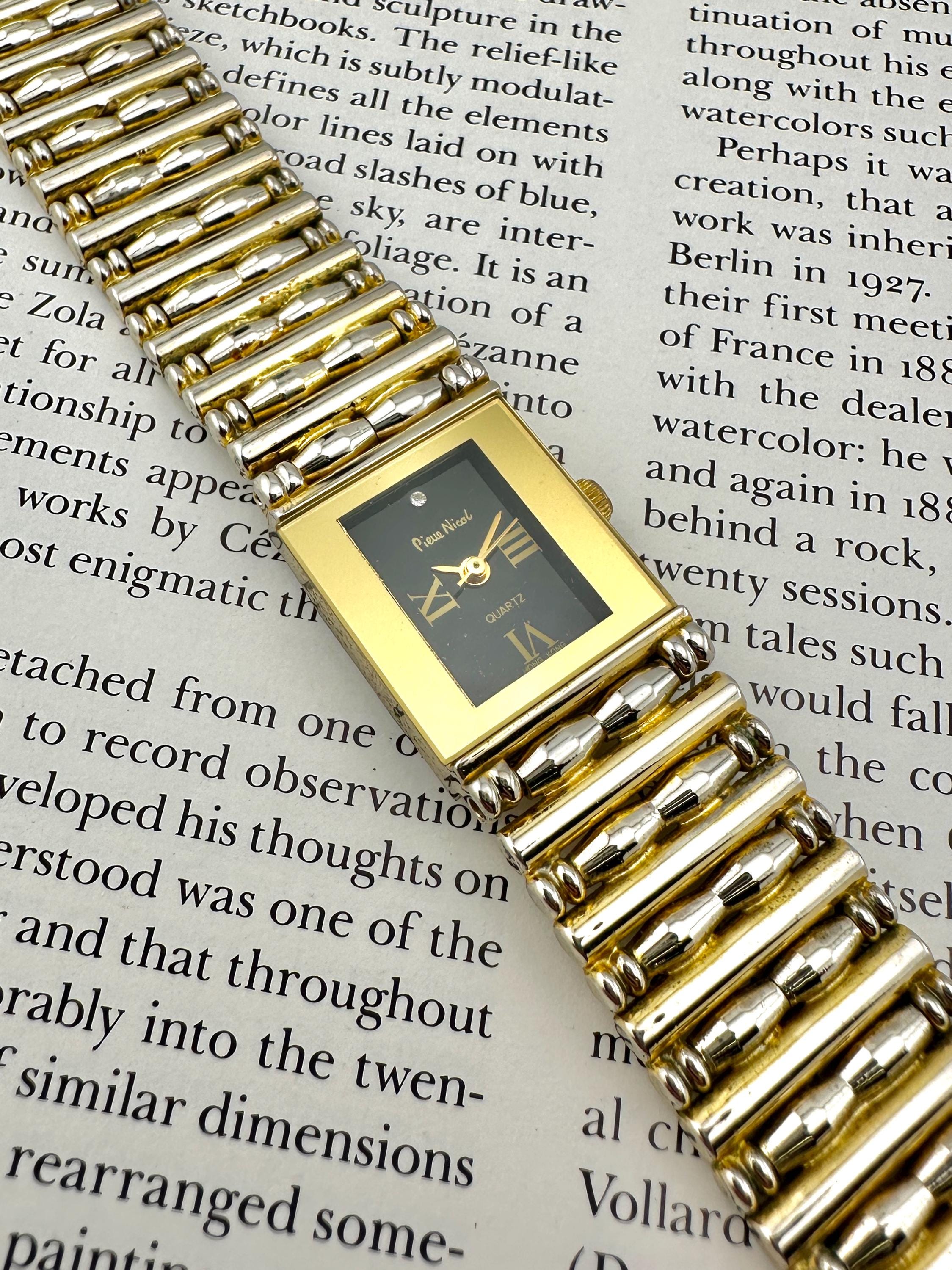 Vintage Pierre Nicol Watch Gold Band, Black Rectangular Dial, Classic, Two-Tone Bracelet