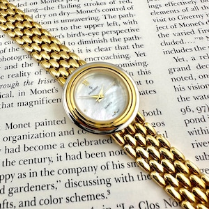 Vintage Peugeot Women’s Watch with Mother of Pearl Dial, Gold Tone Bracelet, Round Bezel Quartz Movement, 90s Elegant Gift