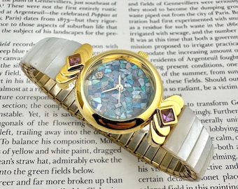 Vintage Mosaic Abalone Dial Women’s Watch, Pearl Style Stretch Bracelet, Gem Accent Lugs, Working Well, Max wrist size of 6.5"