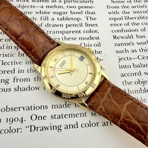 Gold-Tone Wrist Watch with Brown Band Analog Quartz Vintage MILK Watch: Bonica Quartz, Gold Tone, Brown Leather  main image 3
