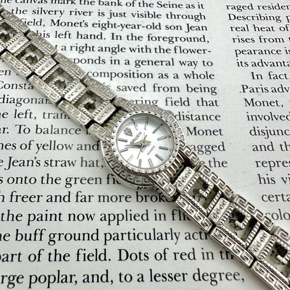 Vintage Gruen Silver Tone Greek Key Bracelet Watch, Sculpted