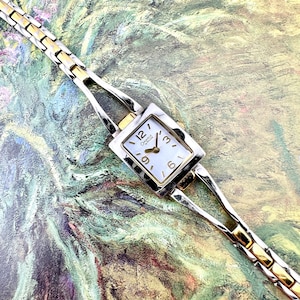 Vintage Caravelle by Bulova Women’s Watch with Two Tone Bracelet, Brushed Silver Dial, Rectangular Case, Quartz Minimalist Gift