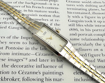 Vintage Citizen Art Deco Bracelet Watch, Two Tone Rectangular Jewelry Watch, Quiet Luxury Style, Classic 80s, Max wrist size of 7.5”