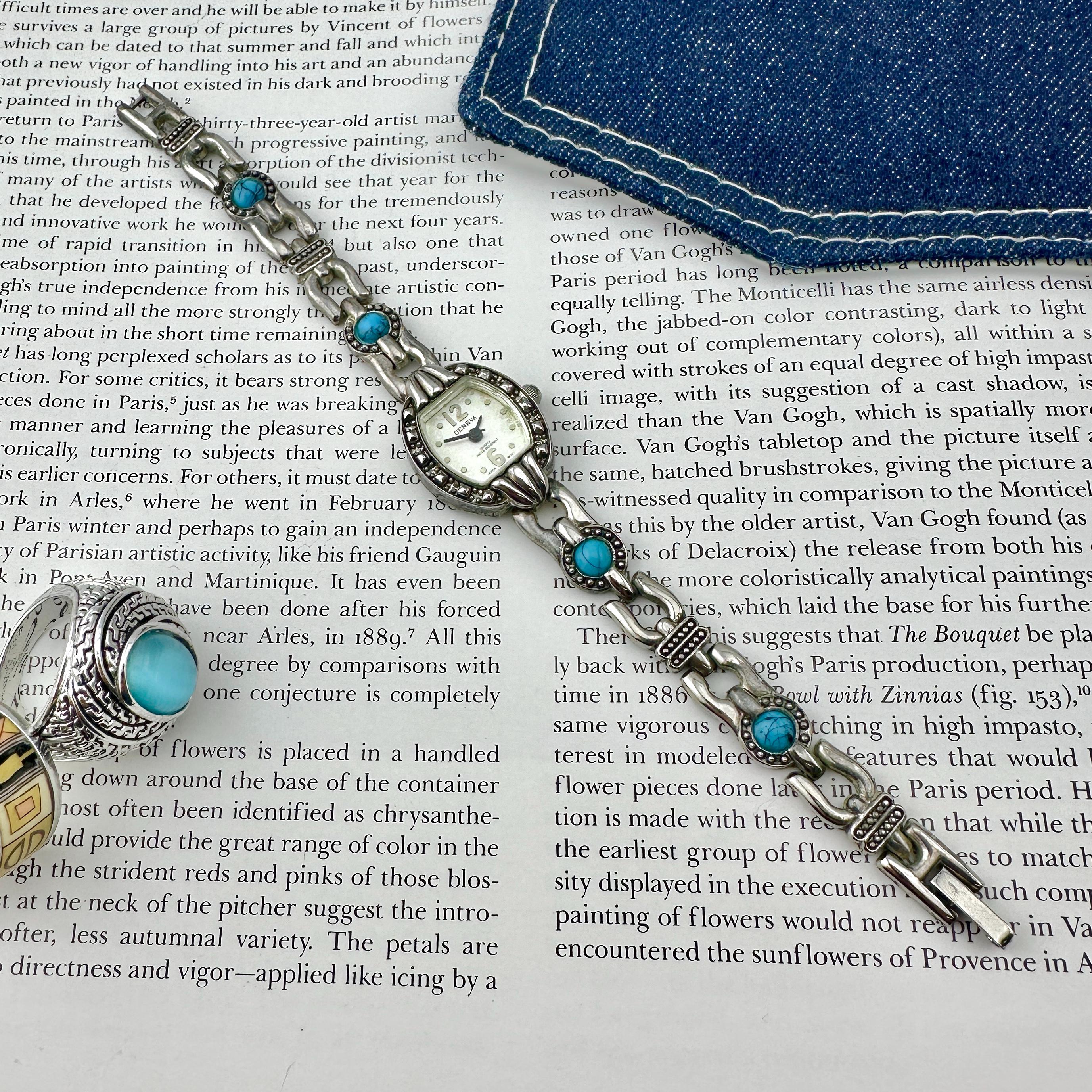 Vintage GENEVA Women Southwest Watch Silver rhinestones turquoise Bronze Leather Vintage Unique Geneva Turquoise Ladies Watch - Etsy main image 4