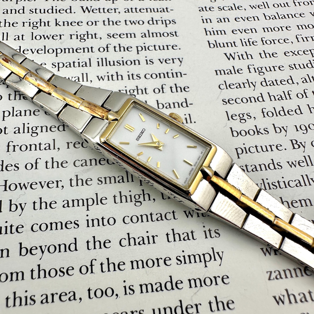 Seiko Rectangular Watch, Art Deco Style, Two Tone Bracelet, White Dial ...