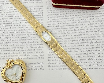 Vintage Elgin Women’s Watch with Diamond Accent, Mother of Pearl Dial, Gold Tone Textured Bracelet, Elegant Quartz Gift for Her