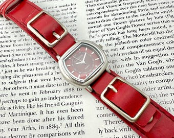 Red Wrap Watch: Square Dial Punk Y2K Wristwatch