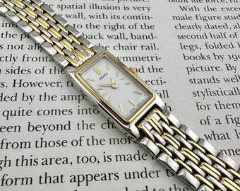 Zegarek damski Seiko Two Tone Rectangular Tank z metalowymi ogniwami, sprawny, maksymalny rozmiar nadgarstka 7,9 cala