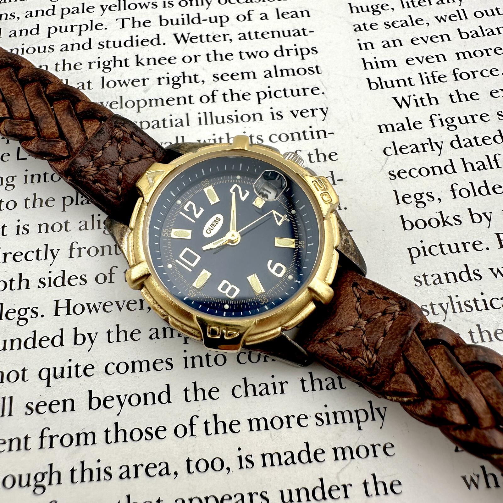 Vintage Guess Denim & Leather Strap, Gold& Crystal Embellished Big Face Dial Vintage Guess Quartz Watch 1988 Large Dial Easy Reader - Etsy main image 2