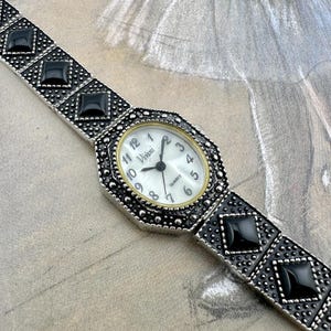 Vivani Silver Octagonal Women's Watch, Mother of Pearl Dial, Black Studded Band Vintage, Working Well, Max wrist size 8.2"