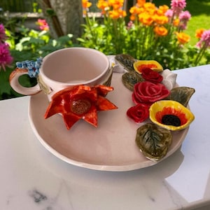 Floral Design Tea Cup Set | Hand Painted Flower Mug & Saucer | Elegant Gift for Her | Cute Coffee Cup Set for Home and Decor