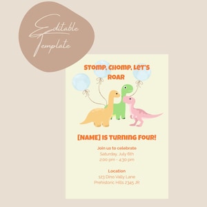 Invito di compleanno Dino modificabile • Invito per festa di 4° compleanno • Biglietto digitale per bambini • Modello Canva