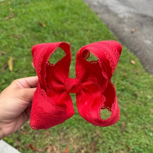 Handmade red scalloped edge and lace layered bow, baby bow, boutique bow
