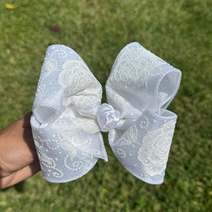 Handmade white rose glitter bow, baby bow, boutique bow
