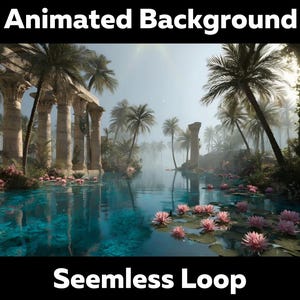 May include: An animated background seamless loop featuring an ancient Egyptian-style temple with stone columns beside a vibrant blue river. The scene includes lush palm trees, soft sunlight, and numerous pink water lilies floating on the water surface.