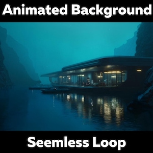 以下が含まれることがあります： 「Animated Background」と「Seamless Loop」のテキストが入った、湖畔にあるモダンな建物のデジタルイラスト。シーンは、山と水面の反射を特徴とする、暗く、ムードのある環境で、ティールカラーのパレットで設定されています。