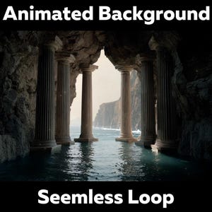 Könnte beinhalten: Ein animierter Hintergrund mit einer Höhle mit klassischen Säulen. Die Szene zeigt Wasser und eine entfernte Küstenlinie. Der Text "Animated Background" und "Seamless Loop" wird in Weiß angezeigt.