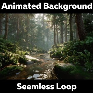 Può includere: Uno sfondo animato di una foresta con un ruscello. L'immagine presenta alberi alti, un fogliame verde lussureggiante e il testo "Animated Background" e "Seamless Loop".