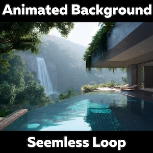 May include: An animated background image featuring a waterfall cascading into a pool. Lush green trees and mountains surround the pool. The text "Animated Background" and "Seamless Loop" are displayed in white.