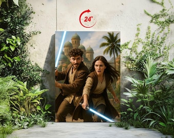 May include: A canvas print featuring two figures with lightsabers, set against a backdrop of a city with domed structures and palm trees. The figures are dressed in brown and tan attire, with a red 24-hour icon in the upper right corner.