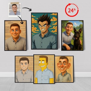 Pode incluir: Uma coleção de retratos emoldurados em vários estilos de desenho animado. Os retratos incluem uma foto, um estilo de animação 3D, um personagem de Dragon Ball Z, um personagem no estilo Simpsons e uma caricatura. Um ícone de entrega em 24 horas também está presente.