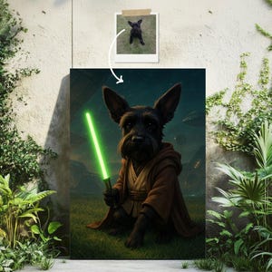 May include: A canvas print featuring a black dog dressed as a Jedi, holding a green lightsaber. The dog is wearing a brown robe and is set against a space-themed background. A small photo of the dog is in the upper right corner.
