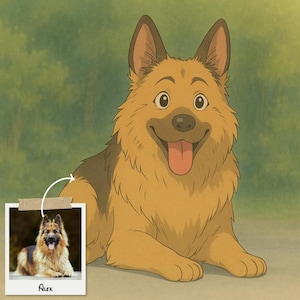 Könnte beinhalten: Cartoon-Illustration eines Deutschen Schäferhundes mit fröhlichem Gesichtsausdruck, Zunge heraus, und einem kleinen Foto des Hundes. Der Hund ist hellbraun und braun mit einem freundlichen Lächeln. Auf dem Foto steht der Name "Alex".