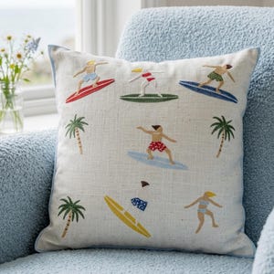 Summer Ocean Surf Embroidered Cotton Pillow Cover, Scandinavian Modern Coastal Decor, Blue Wave Cushion for Sofa Living Room