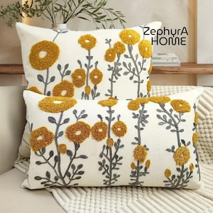 Senfgelber mit Blumen bestickter Baumwollkissenbezug, Boho-Kissenbezug