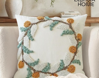 Tufted Wreath Pillow Cover 18x18 – Boho Floral Embroidered Cotton Cushion