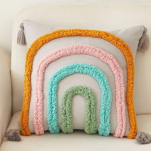 Rainbow Pillow Cover, Colorful Tufted Cushion, 18x18 Inch Decorative Throw for Kids Room or Nursery Decor, Decorative Pillow Case