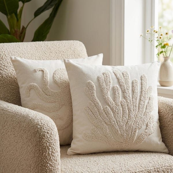 Coastal Tufted Linen Pillow Case: Ocean Sea Life Cushion Cover, Nautical Decor, Textured Boho Cushion Case, Sea Life Accent Pillow