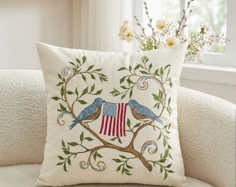 Embroidered Blue Birds American Flag Cotton Pillow Cover, Rustic Americana Decor, Linen pillow, Sofa Pillow Covers