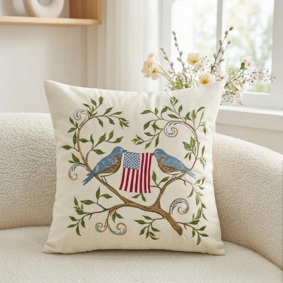 Embroidered Blue Birds American Flag Cotton Pillow Cover, Rustic Americana Decor, Linen pillow, Sofa Pillow Covers