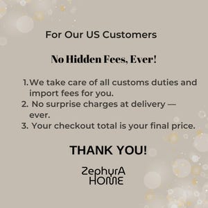 May include: A beige graphic with text that reads "For Our US Customers, No Hidden Fees, Ever!" followed by three bullet points. The text "THANK YOU!" is below the bullet points, with the ZephyrA HOME logo at the bottom.