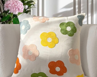 Funda de almohada bordada: funda de cojín floral, funda de almohada botánica con flores silvestres, decoración rústica de estilo campestre.