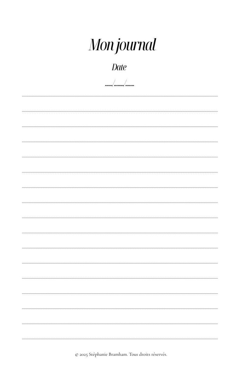 以下が含まれることがあります： 「Mon journal」というタイトルが書かれた、空白のジャーナルページ。その下に「Date」という文字と日付を記入する線があります。ページには罫線が引かれています。下部には著作権表示があります。
