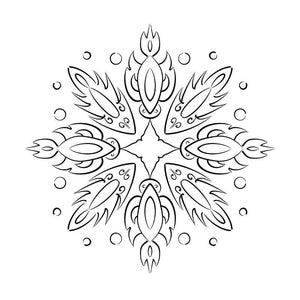 以下が含まれることがあります： 上部に「Coloriages」という言葉が入った白黒の塗り絵。 デザインは、丸みを帯びた形と縁に小さな円がある対称的な花柄または雪の結晶パターンです。