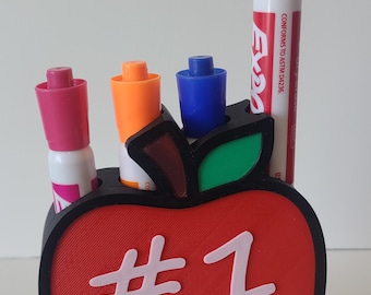 Custom #1 Teacher Apple Marker Holder | 3D Printed Dry Erase Organizer | Desk or Whiteboard Mount | Teacher Gift