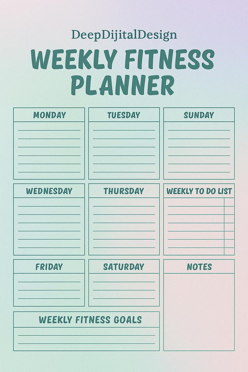 Weekly Fitness Planner Printable Workout Schedule Template Digital ...