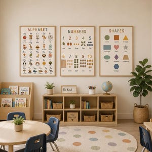May include: Three educational wall posters in wooden frames featuring the alphabet, numbers, and shapes with colorful illustrations. The posters are displayed above a wooden storage unit with cubbies, woven baskets, and books in a classroom setting.