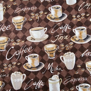 Coffee cup themed brown fabric
