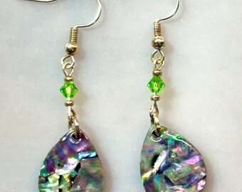 Abalone Shell Teardrop Earrings with Green Crystal Beads – Silver Plated Hooks