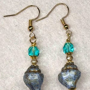 May include: A pair of dangle earrings featuring blue seashell charms, teal beads, and gold-colored metal accents. The earrings have a hook closure and are designed for pierced ears. The seashell charms have a textured surface.